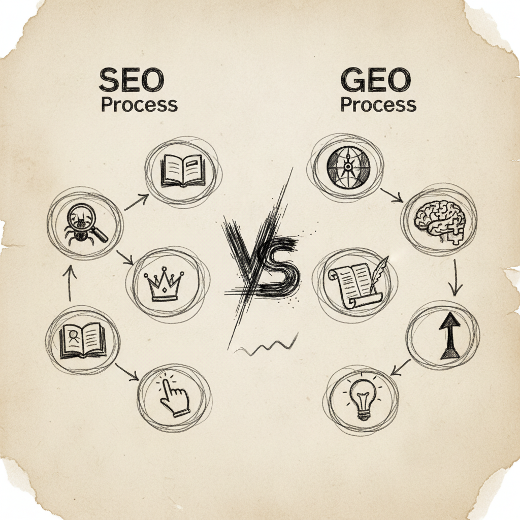 GEO vs SEO workflow comparison showing different optimization processes