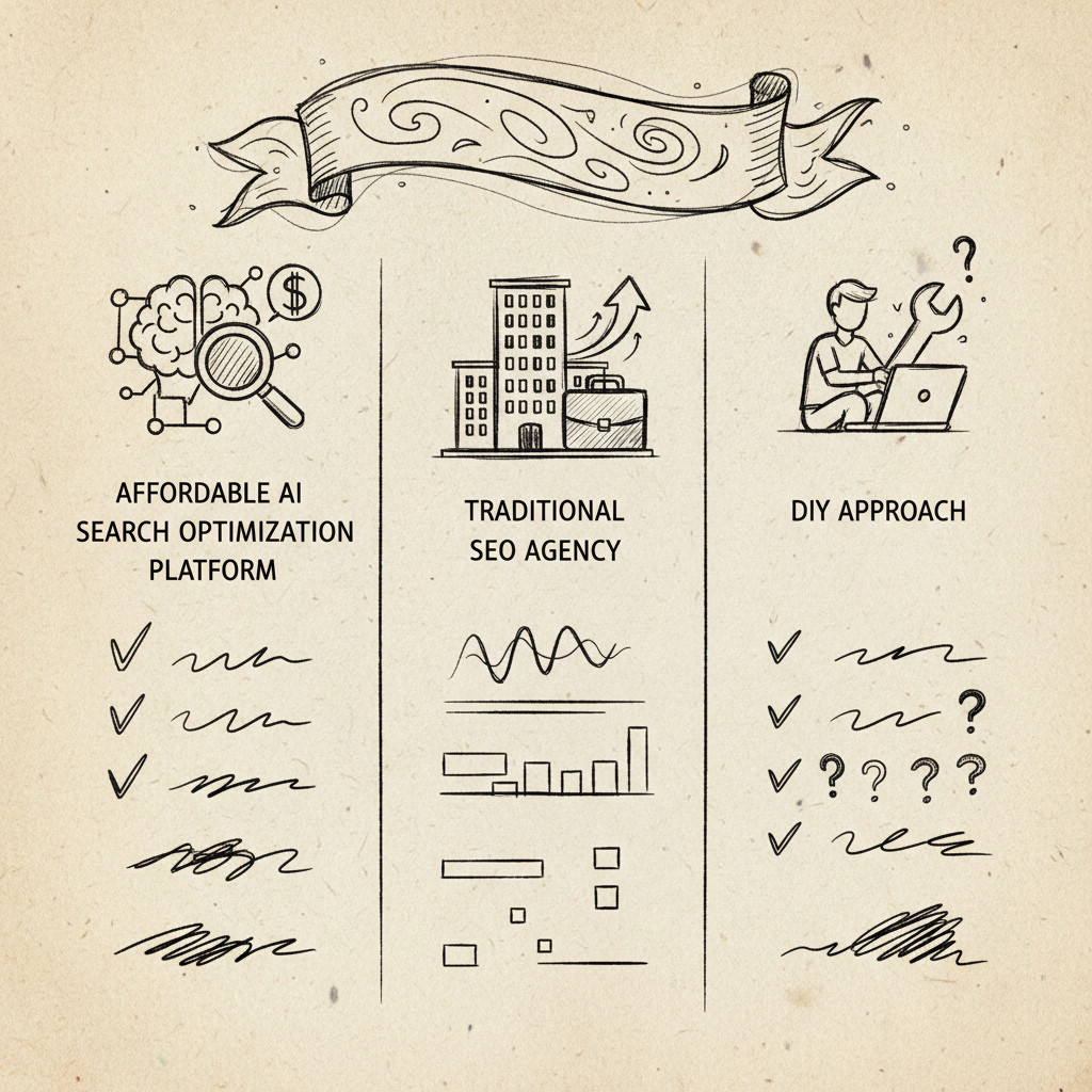 Comparison chart of affordable AI search optimization platform options versus traditional SEO agencies and DIY approaches