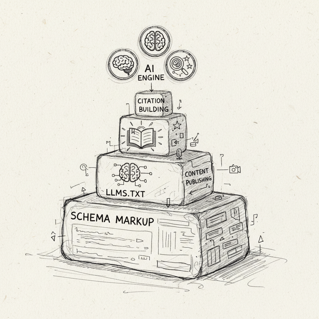 Diagram showing how an affordable AI search optimization platform works through four technical layers