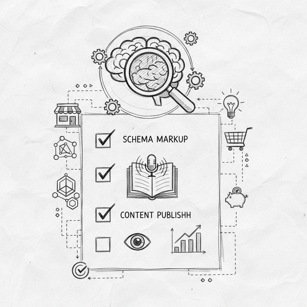 Checklist of AI search optimization for small business best practices including schema markup and daily content publishing