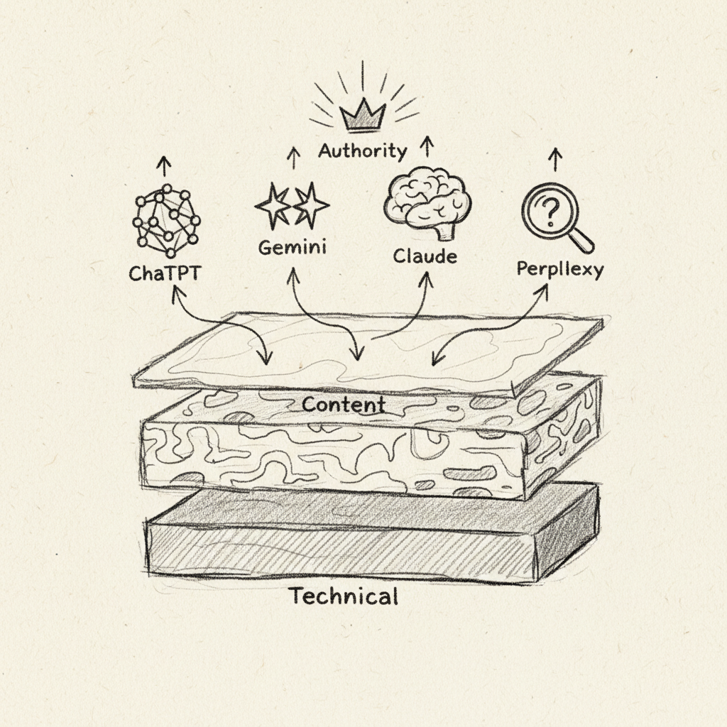 Three-layer diagram explaining how AI search optimization for small business works across technical content and authority signals