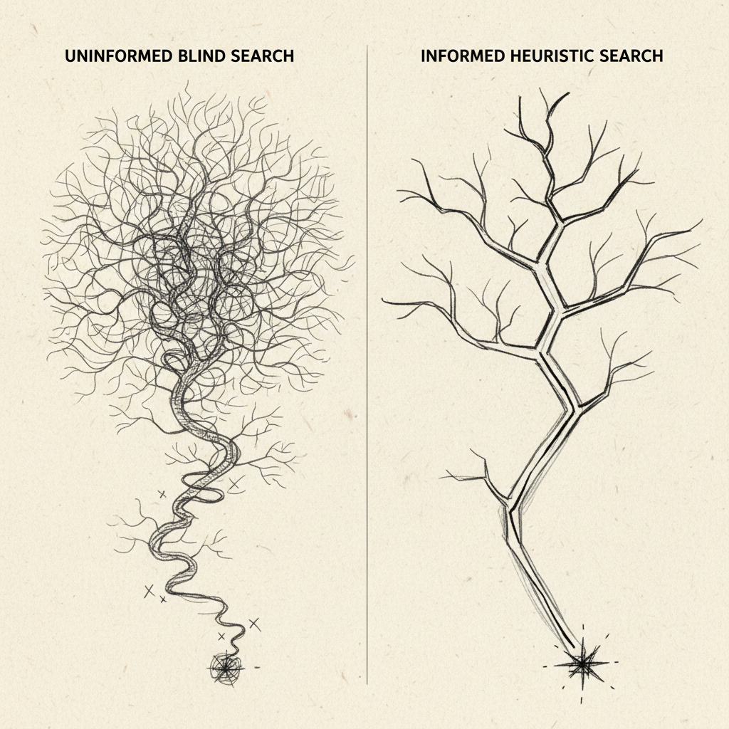 Comparison diagram of uninformed versus informed AI search algorithms showing heuristic pathfinding