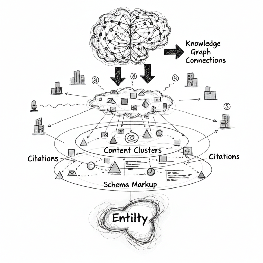 diagram of entity based SEO implementation layers including schema markup and content clusters