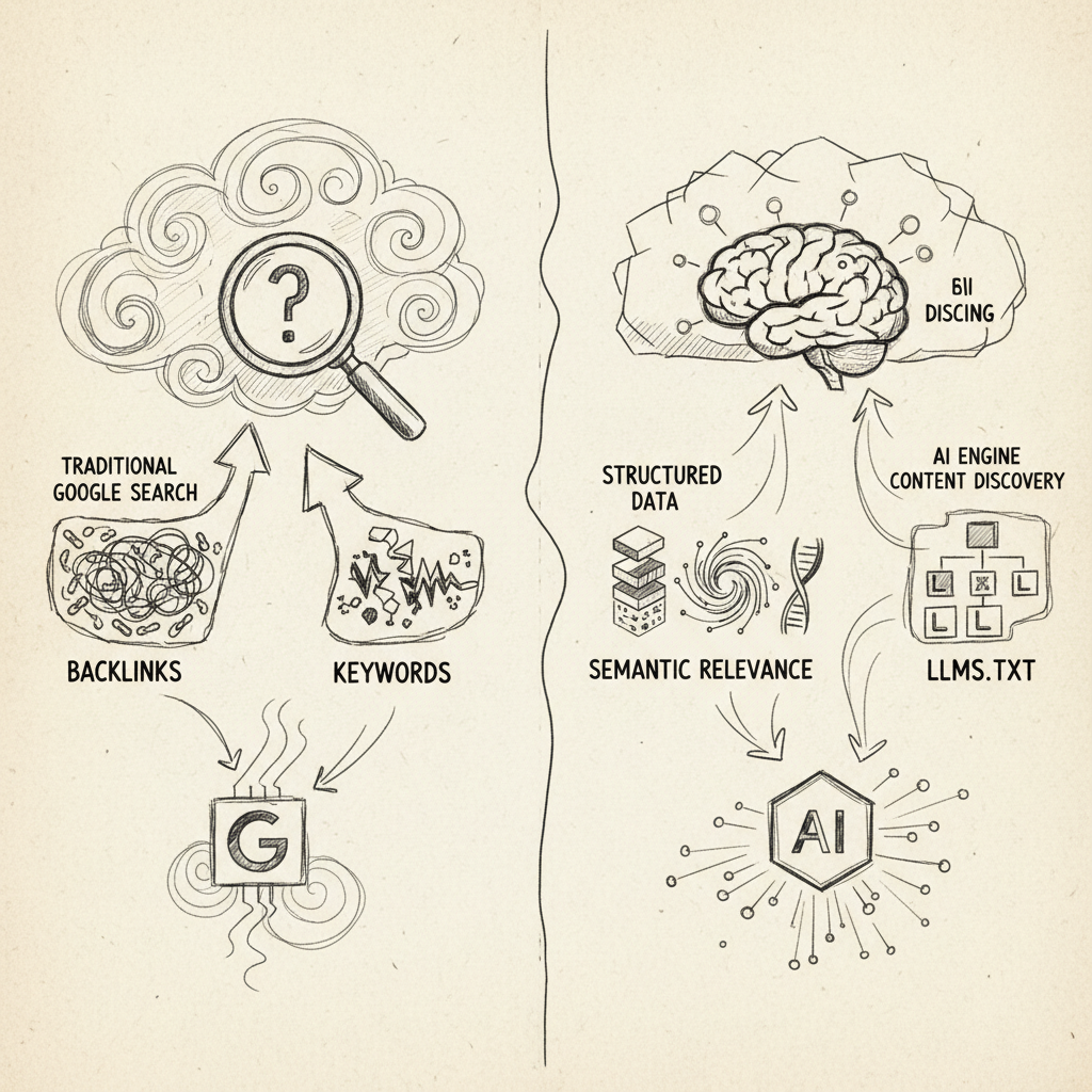 Comparison diagram of traditional SEO versus AI content discovery ranking signals