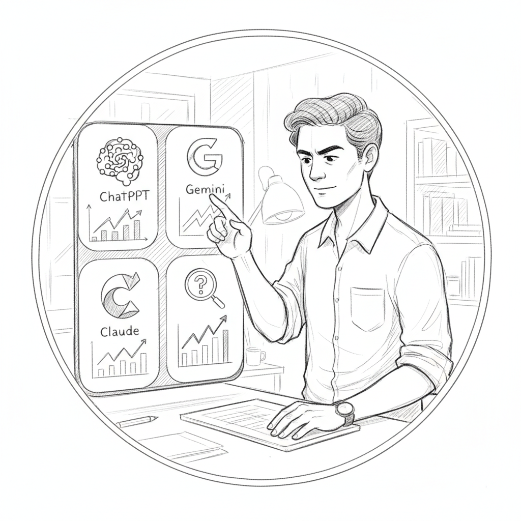 Small business owner tracking AI content discovery visibility across ChatGPT Gemini Claude and Perplexity