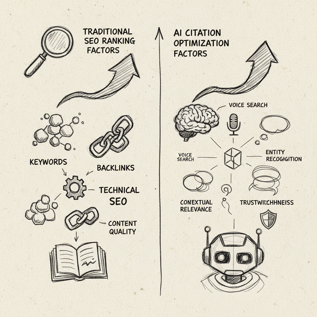 Comparison chart showing traditional SEO versus AI citation optimization ranking factors