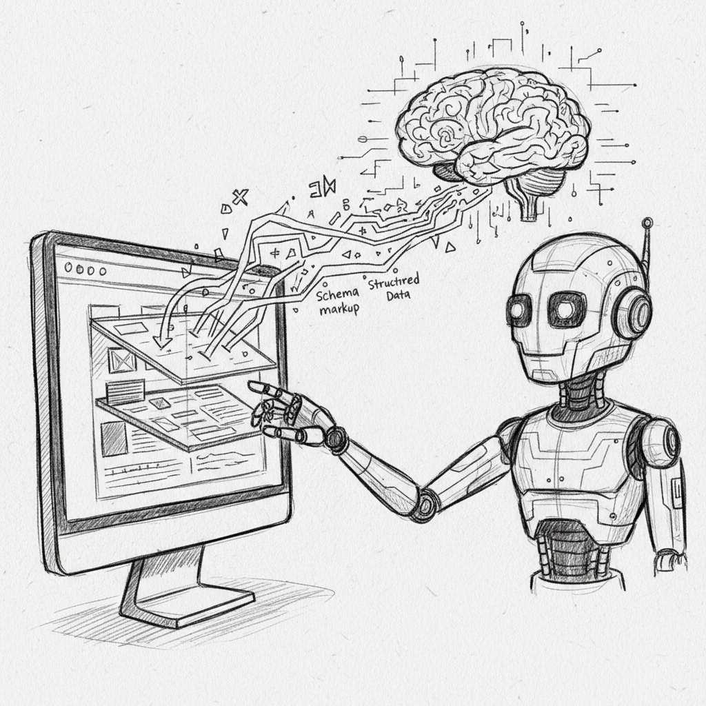 Diagram illustrating how AI training data SEO signals flow from a website to AI search engines