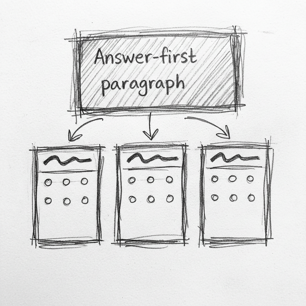 Content structure diagram for how to show up in Google AI Overviews using answer-first formatting