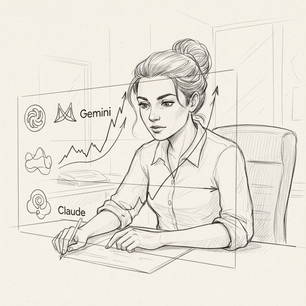 Small business owner monitoring AI search intent visibility dashboard across AI engines