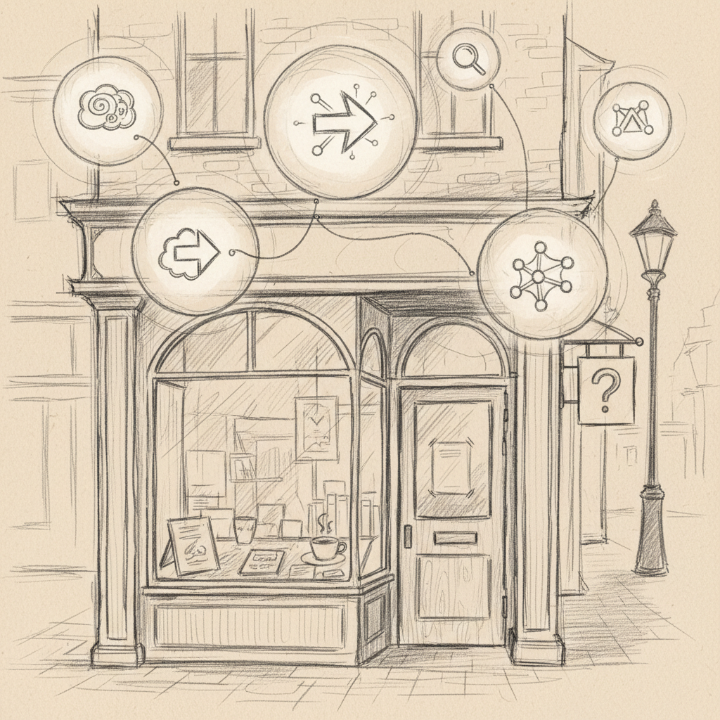 Illustration of a small business being recommended by semantic search AI engines like ChatGPT and Gemini