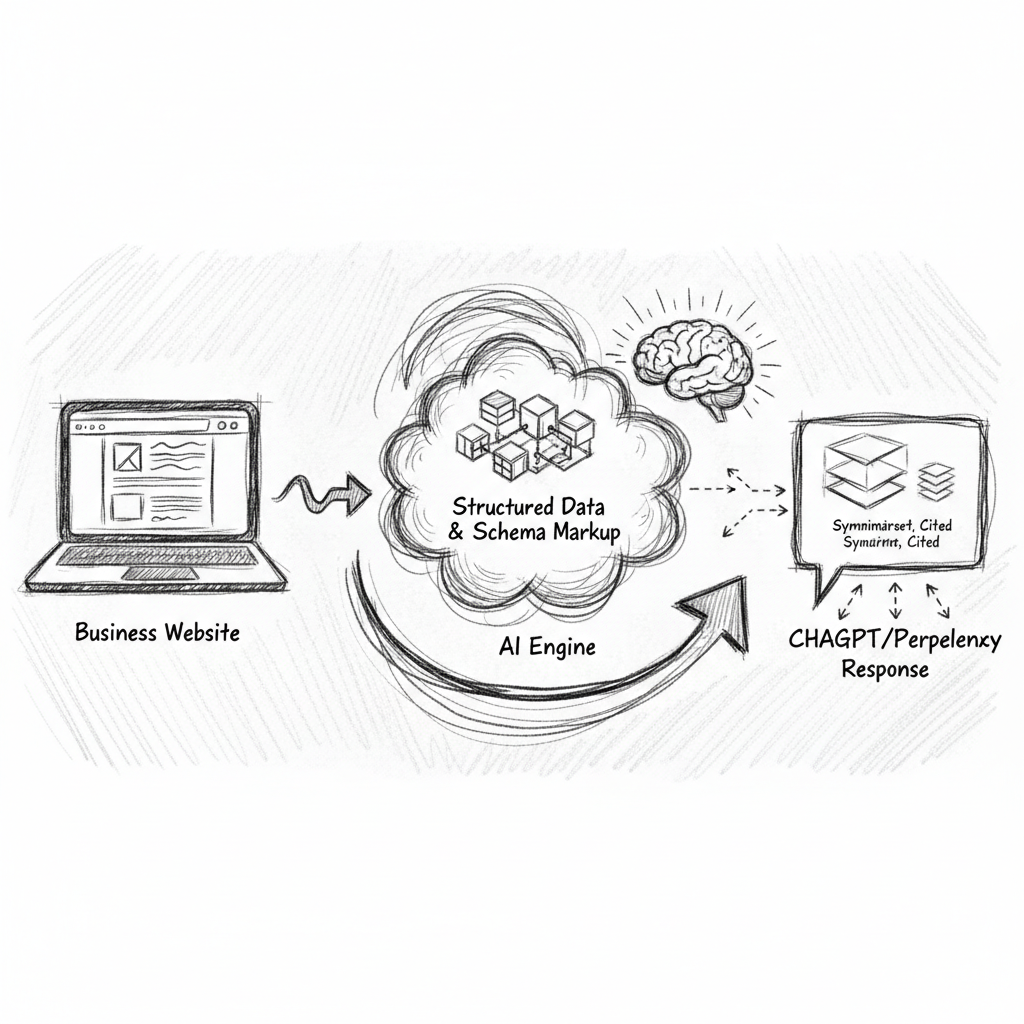 Diagram illustrating the technical process of AI search result optimization from structured data to AI engine citations