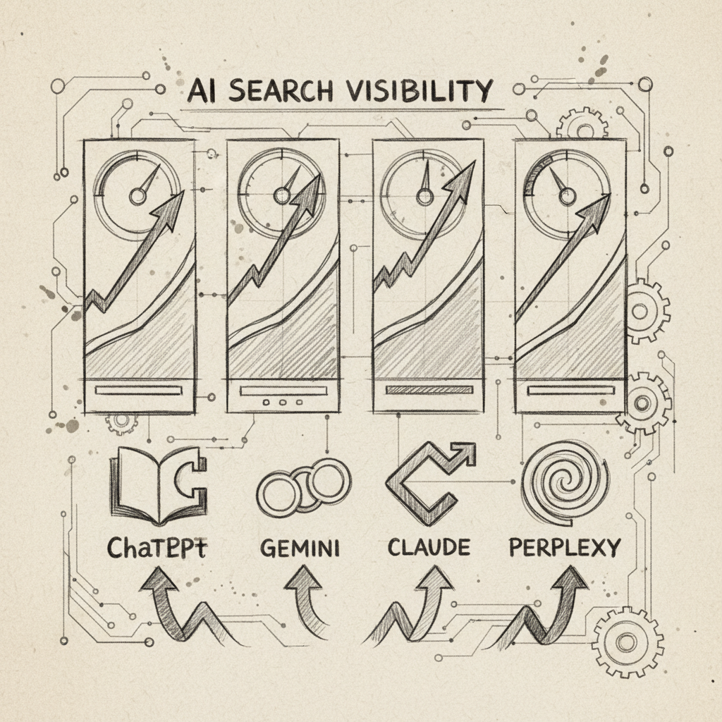 Dashboard illustration showing AI search result optimization tracking metrics across multiple AI engines