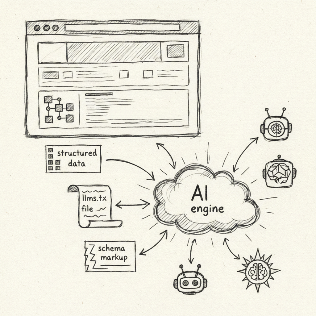 Technical AI search ranking factors diagram showing schema markup, llms.txt, and structured data signals for AI search engines