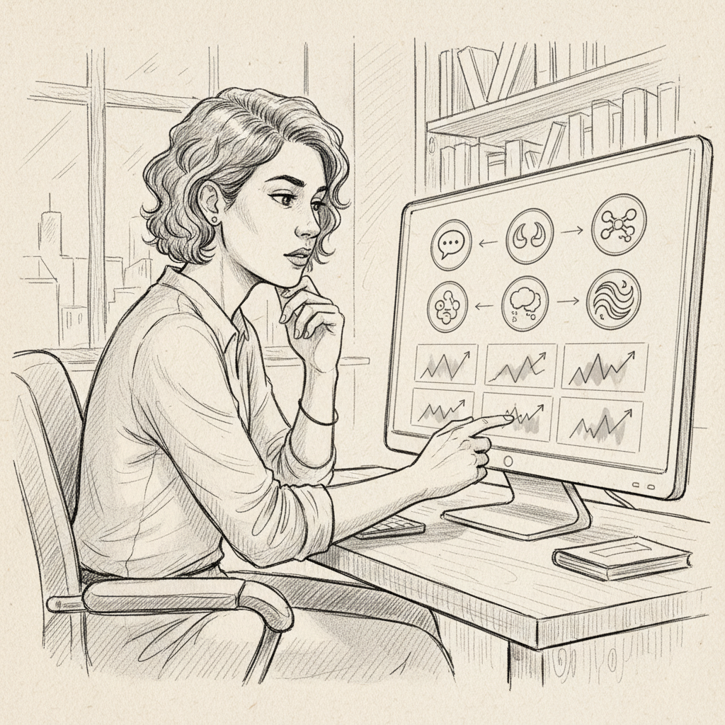 Small business owner reviewing AI search engines visibility tracking dashboard with improving recommendation scores