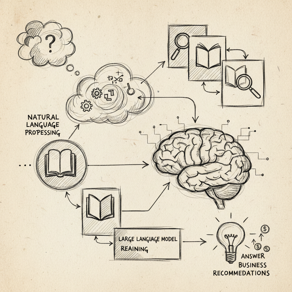 Diagram illustrating how AI search engines process queries through NLP, retrieval, and LLM reasoning to generate business recommendations