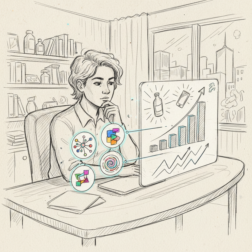 Small business owner tracking AI product description optimization results across ChatGPT and Gemini dashboards