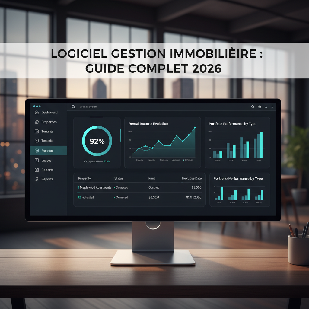 Interface logiciel gestion immobilière avec tableau de bord analytique