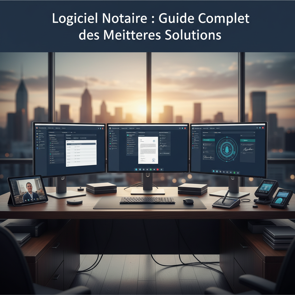 Interface moderne de logiciel notaire dans un bureau d'étude notariale