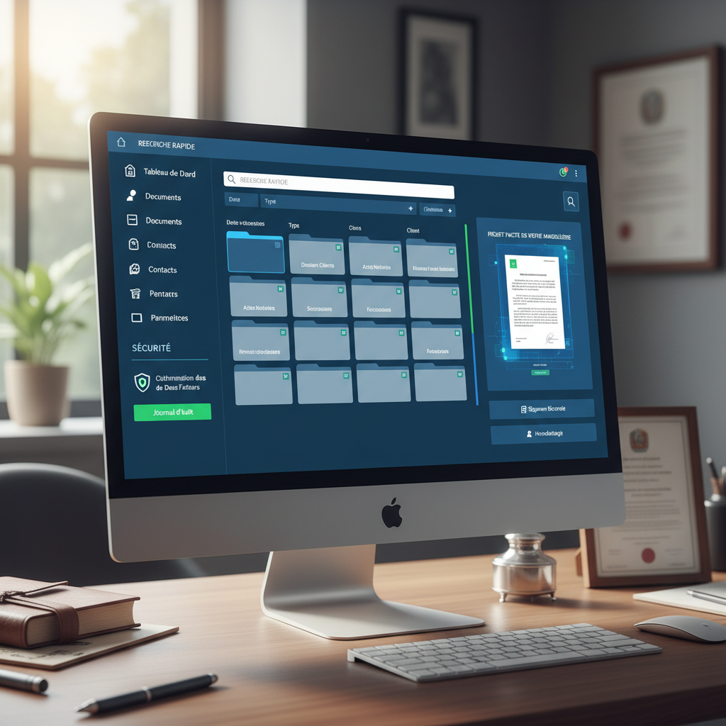 Interface logiciel notaire GED avec système de gestion documentaire sécurisé