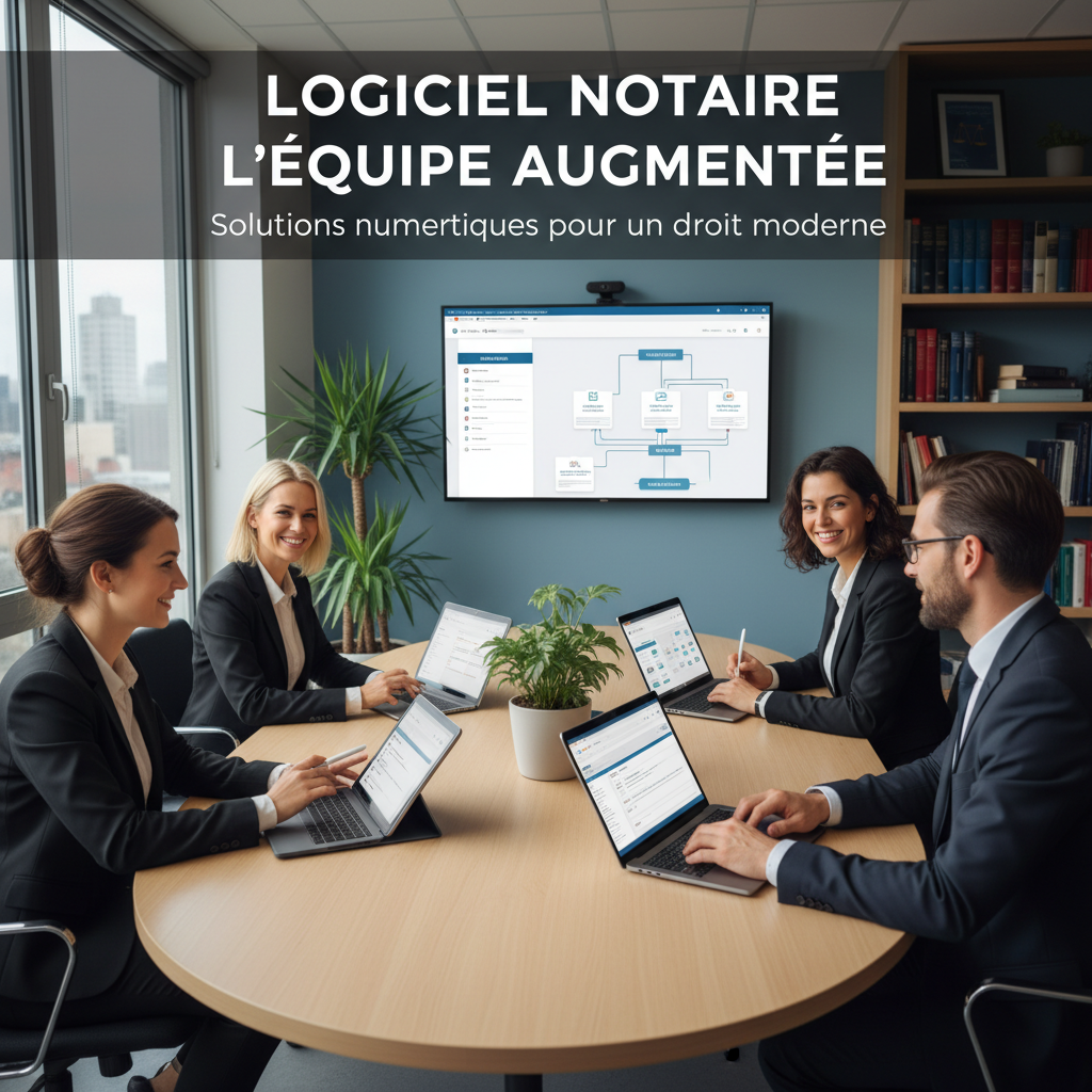 Notaires utilisant logiciel notaire sur différents appareils dans bureau moderne