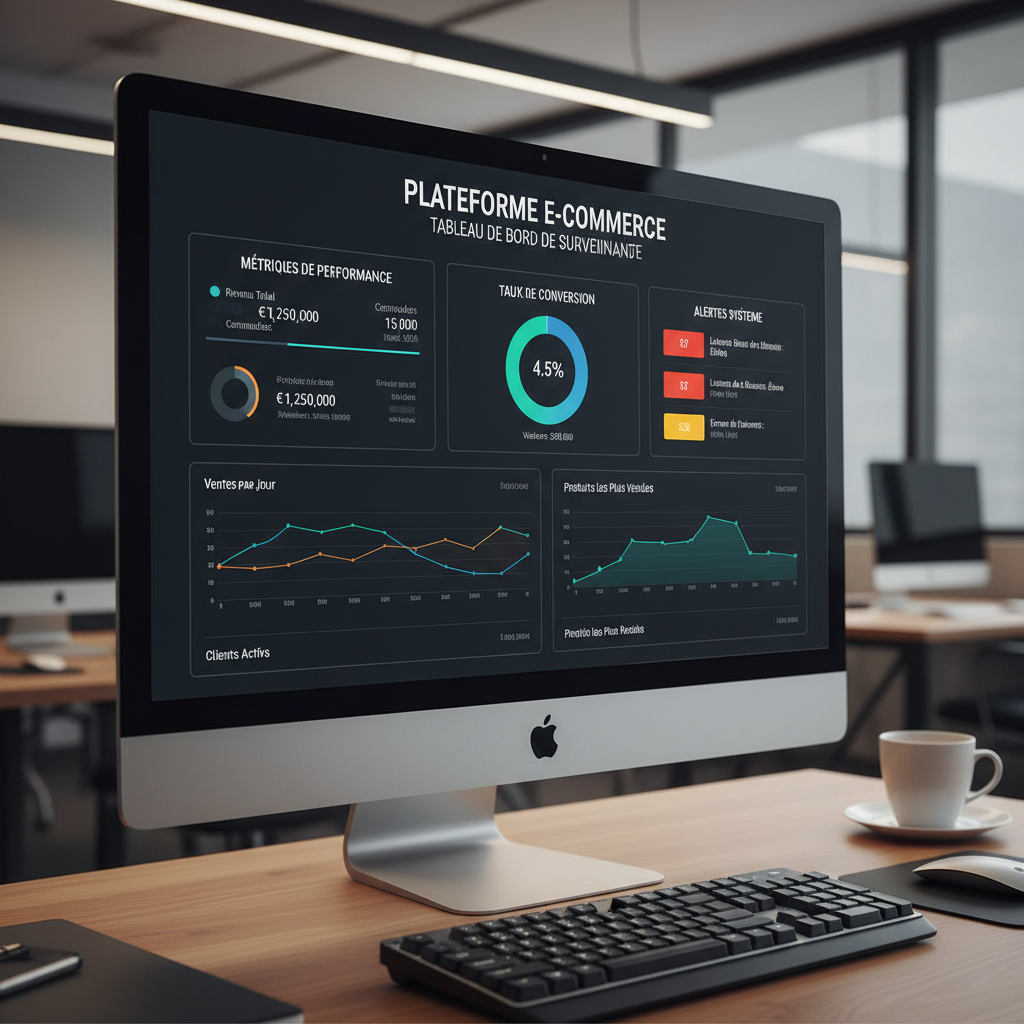 Interface monitoring plateforme e-commerce avec KPIs et alertes