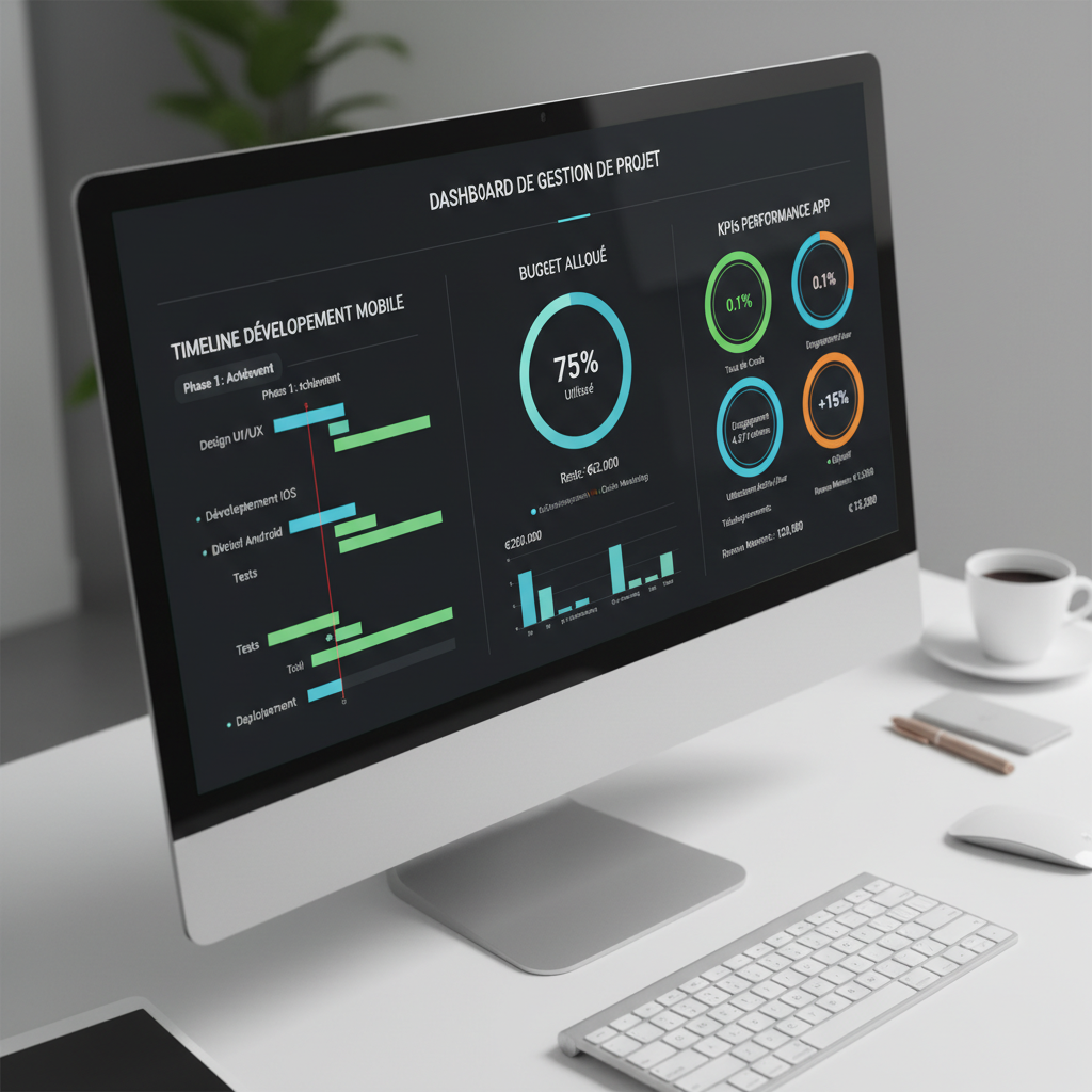 Tableau de bord gestion projet application mobile entreprise avec métriques temps réel