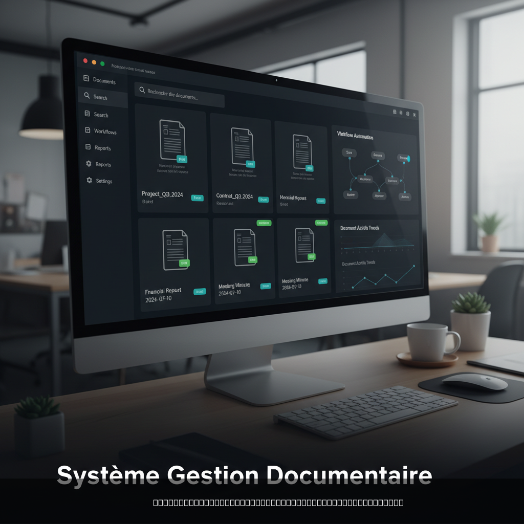 Interface moderne d'un système gestion documentaire avec tableau de bord et outils de workflow