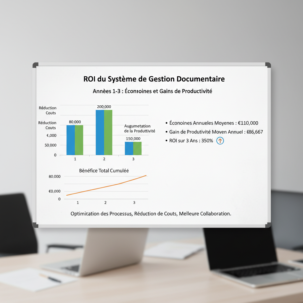 Graphique ROI système gestion documentaire montrant économies et gains de productivité sur 3 ans