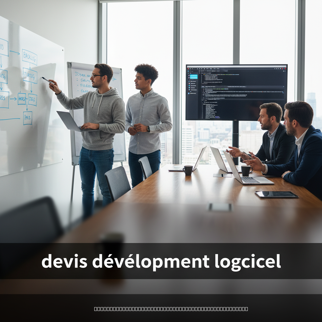 Équipe analysant un devis développement logiciel sur ordinateur portable