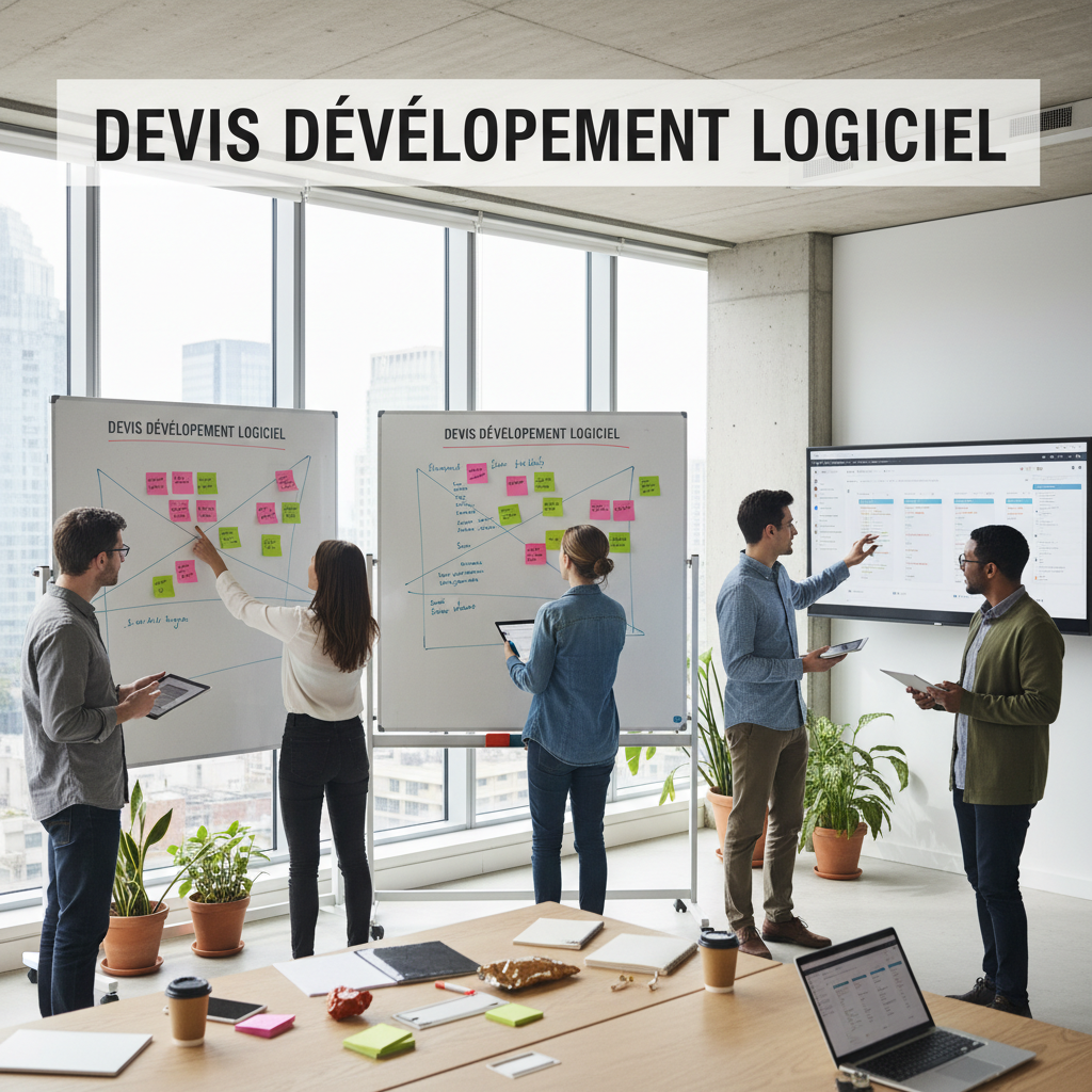 Équipe agile travaillant sur devis développement logiciel avec méthodes modernes