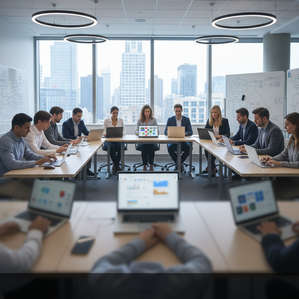 Formation outils numériques en entreprise avec participants utilisant des technologies modernes