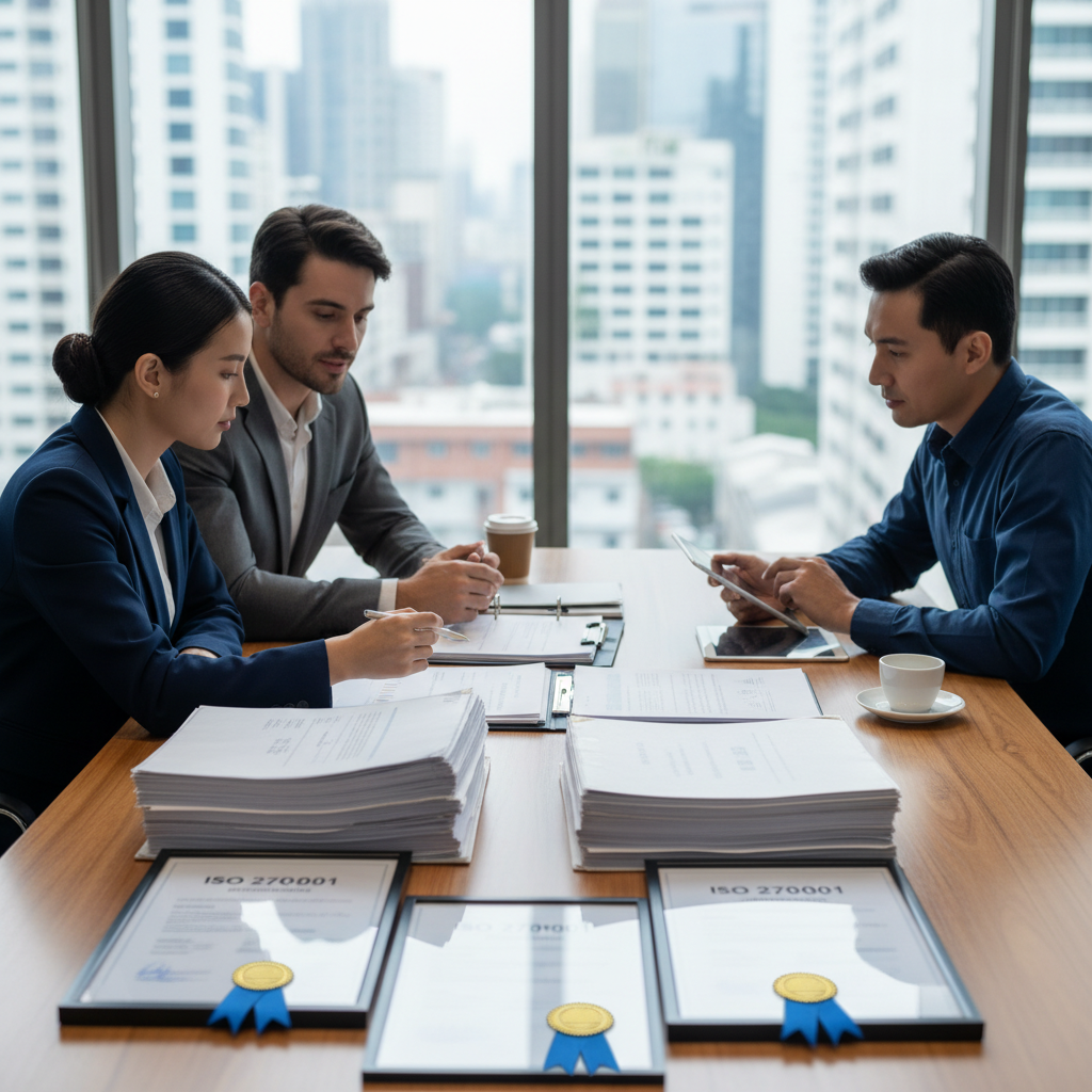 Professionnels examinant documentation conformité sécurité données entreprise ISO 27001