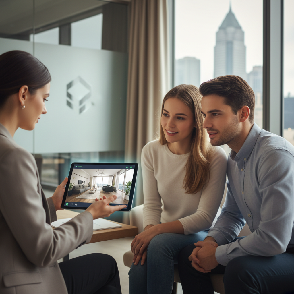 agent immobilier utilisant une tablette pour digitaliser agence immobilière avec visite virtuelle