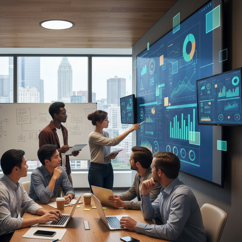 Équipe en transformation numérique avec outils d'analyse et collaboration