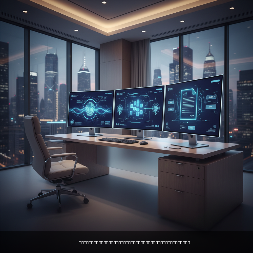 Bureau notarial moderne illustrant la digitalisation notariale avec écrans numériques