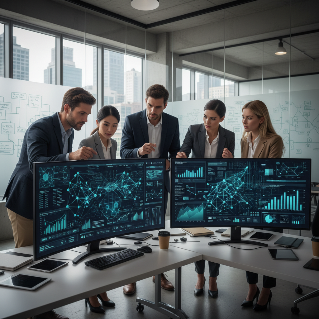 Équipe bancaire utilisant intelligence artificielle banque pour l'analyse de données