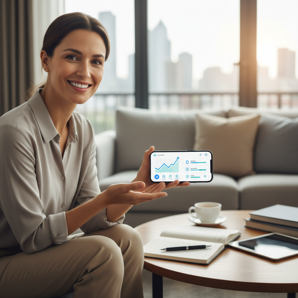 Client immobilier satisfait consultant son portail client immobilier sur smartphone avec tableau de bord moderne