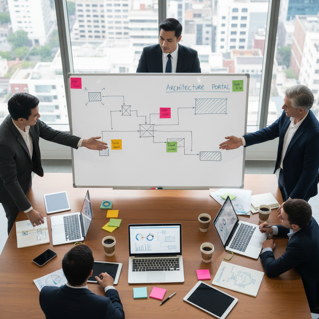 Équipe de professionnels de l'immobilier définissant l'architecture fonctionnelle d'un portail client immobilier