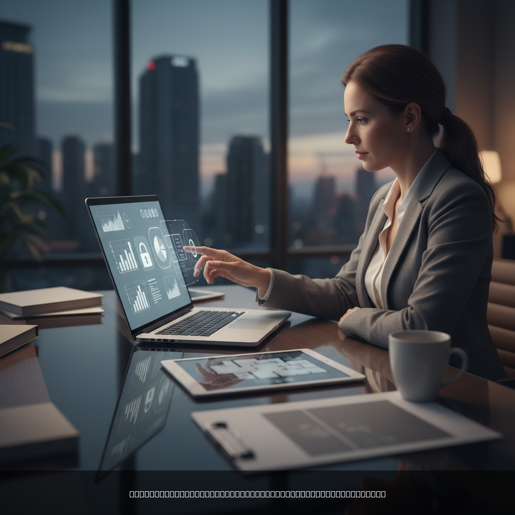 Agent immobilier utilisant un portail client immobilier sur ordinateur portable dans un bureau moderne