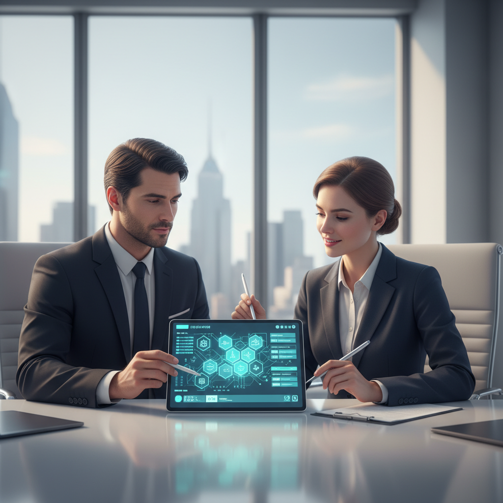 notaire et banquier utilisant blockchain immobilier sur tablette numérique bureau moderne