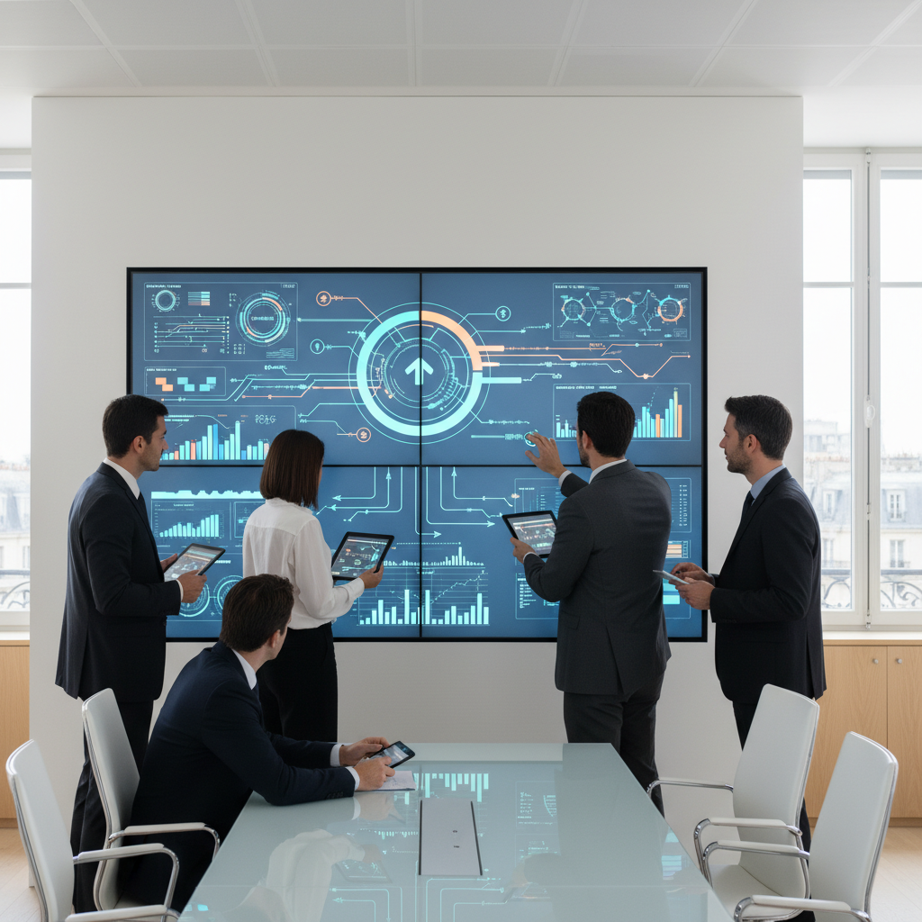 Équipe bancaire analysant des tableaux de bord d'interopérabilité données bancaires en 2026