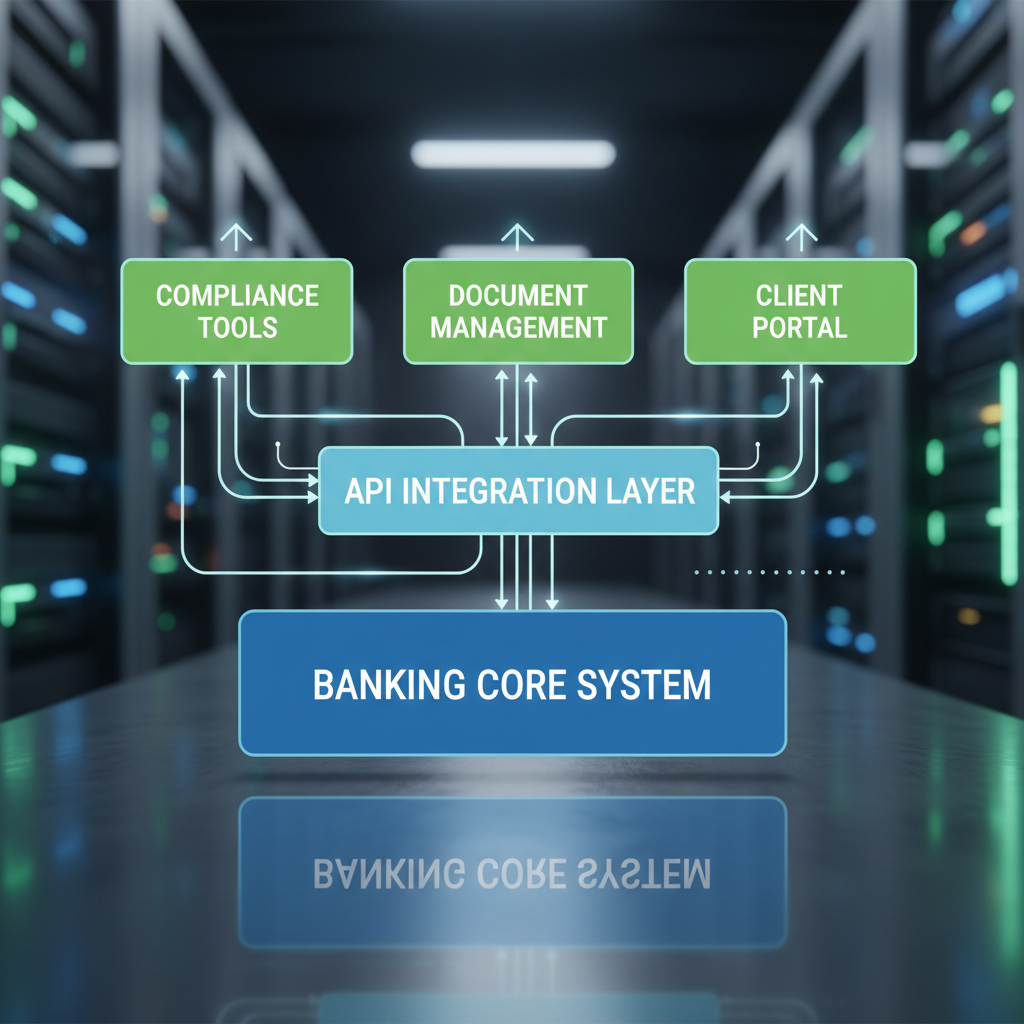 Schéma d'architecture d'intégration logicielle bancaire avec couches API et systèmes connectés
