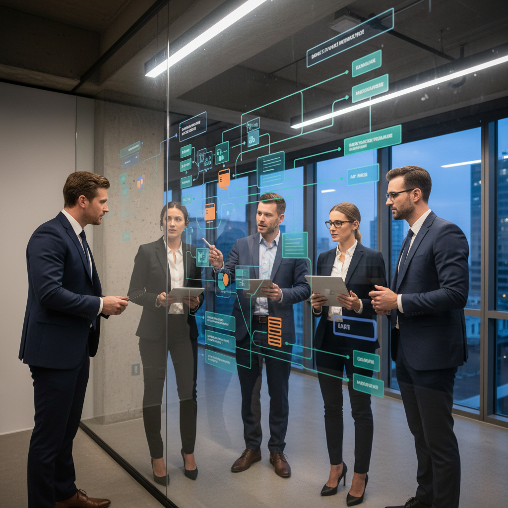 Équipe d'experts en intégration logicielle bancaire analysant une architecture de système