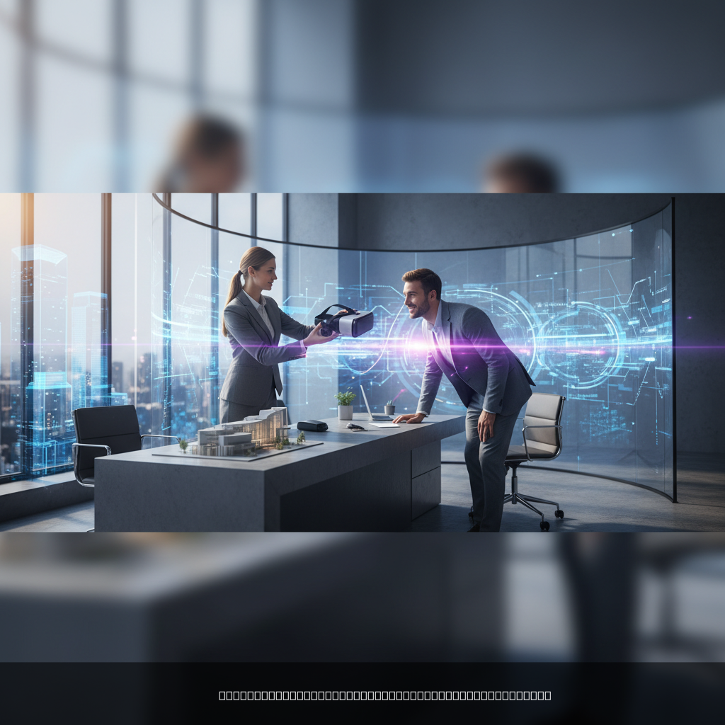 Agent immobilier présentant la réalité virtuelle immobilier à un client dans un bureau moderne