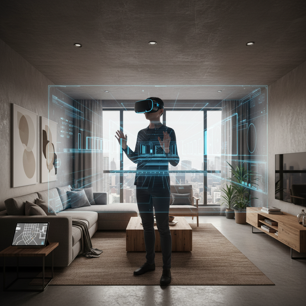 Visite immersive en réalité virtuelle immobilier d'un appartement moderne avec casque VR