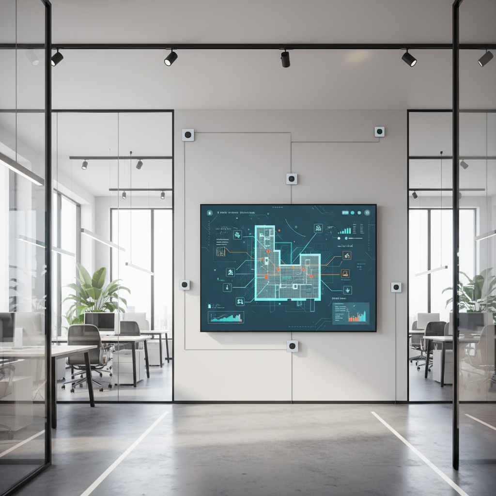 Architecture IoT immobilier dans un bureau connecté avec tableau de bord de gestion
