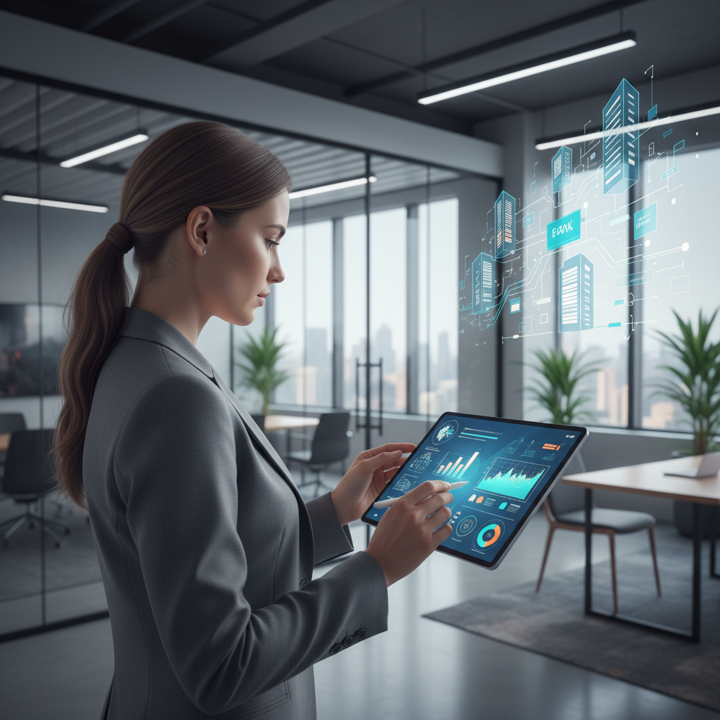 Professionnel de l'immobilier analysant les données IoT immobilier sur tablette