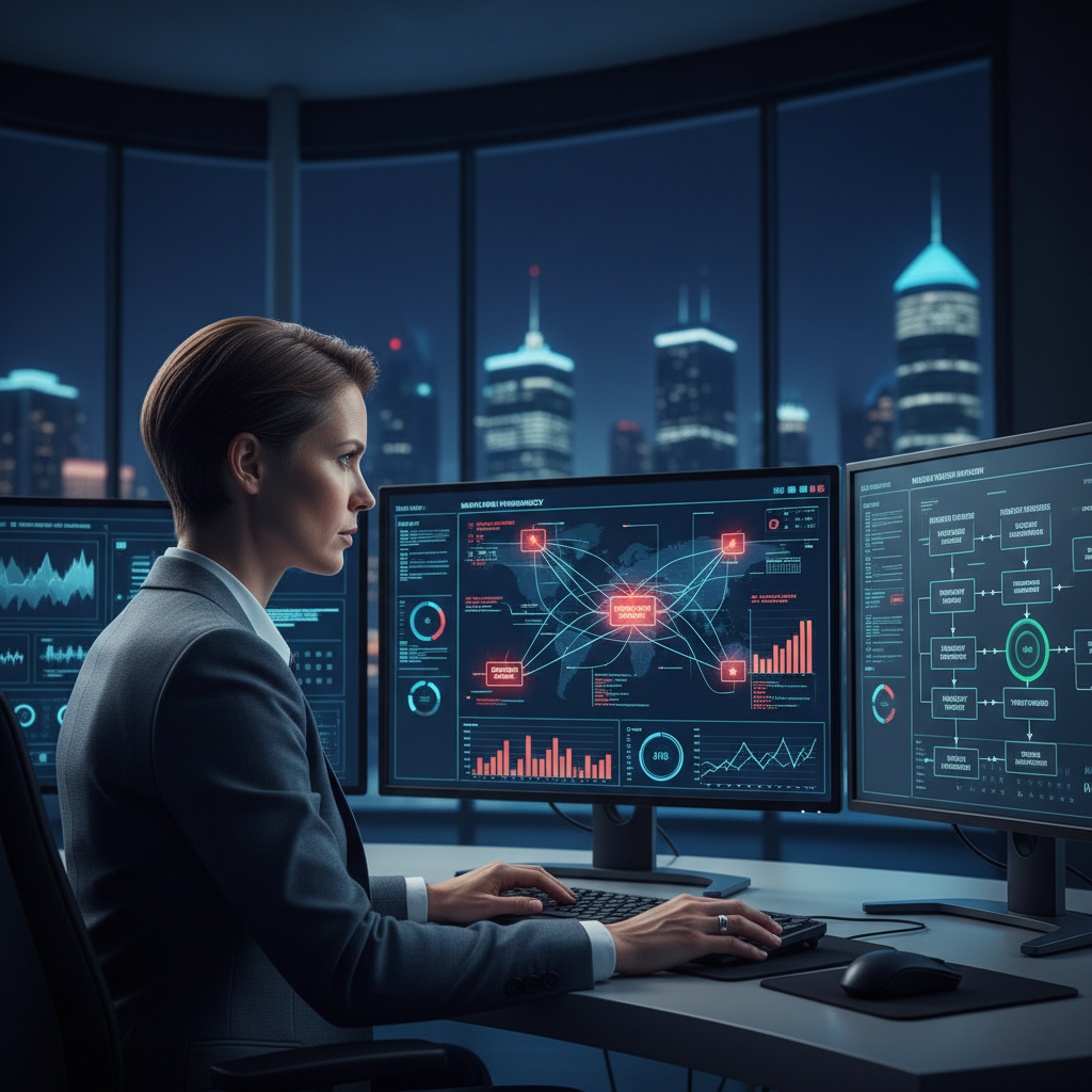 Expert en cybersécurité banque analysant des tableaux de bord de détection des menaces