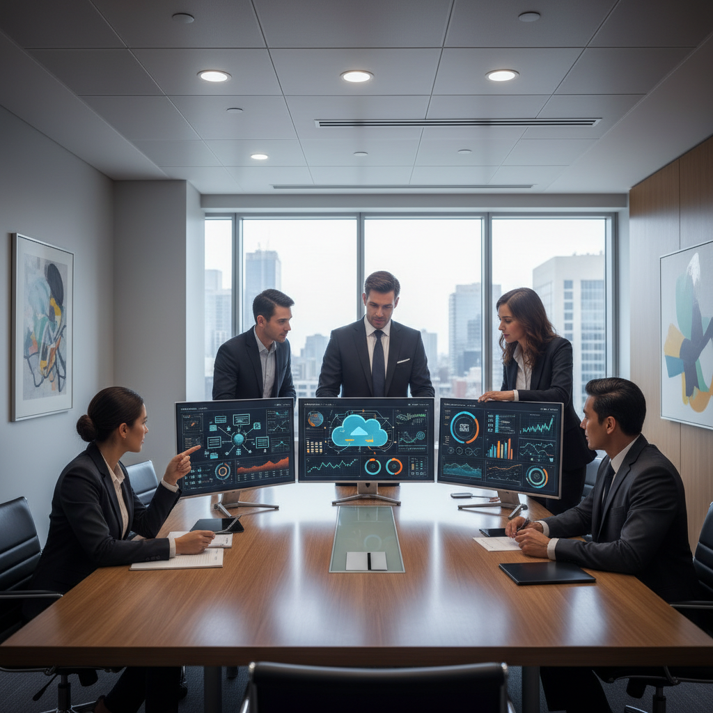 Équipe bancaire analysant les résultats d'une intégration cloud bancaire sur des tableaux de bord de performance