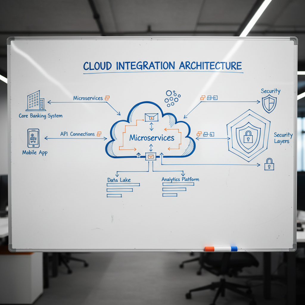 Schéma d'architecture d'intégration cloud bancaire illustrant les connexions API et microservices